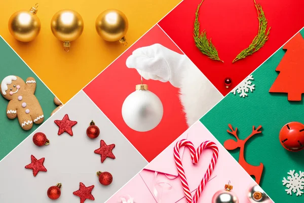 Colagem Fotos Com Diferentes Decoração Natal Ano Novo Fundo Cor — Fotografia de Stock