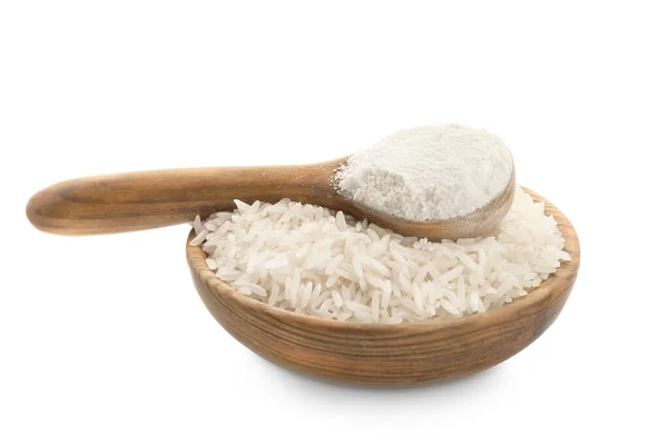 Plate Rice Spoon Flour White Background — Stock Photo, Image