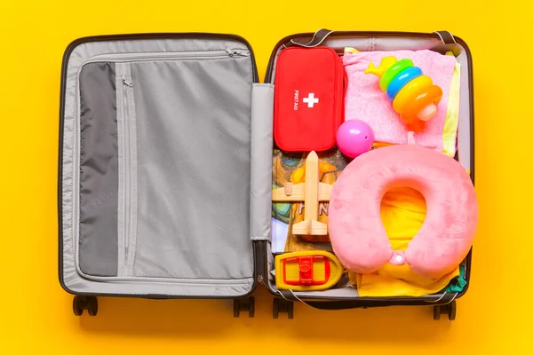 Composition Child Accessories Suitcase Color Background Travel Concept — Stock Photo, Image