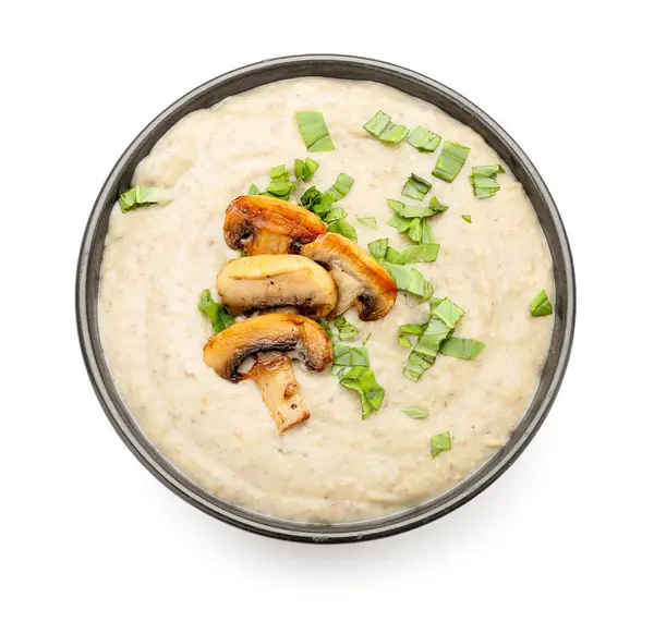 Bowl Tasty Mushroom Cream Soup White Background — Stock Photo, Image