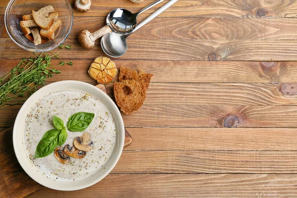 Bowl Tasty Mushroom Cream Soup Wooden Background — Stock Photo, Image