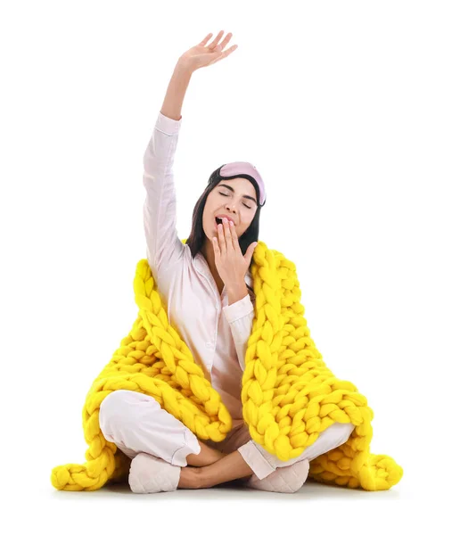 Beautiful Young Woman Pajamas Warm Plaid White Background — Stock Photo, Image