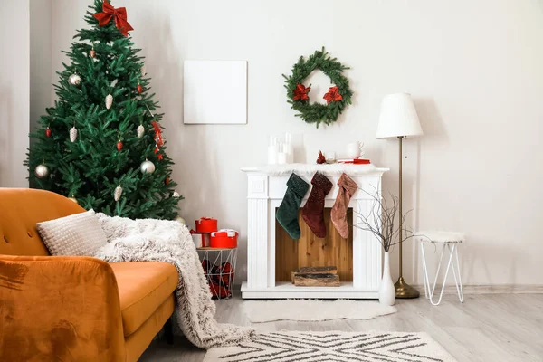 Interior Living Room Fireplace Decorated Christmas — Stock Photo, Image