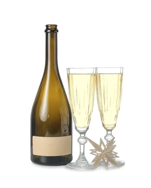 Flaska Och Glas Champagne Vit Bakgrund Nyårsfirande — Stockfoto