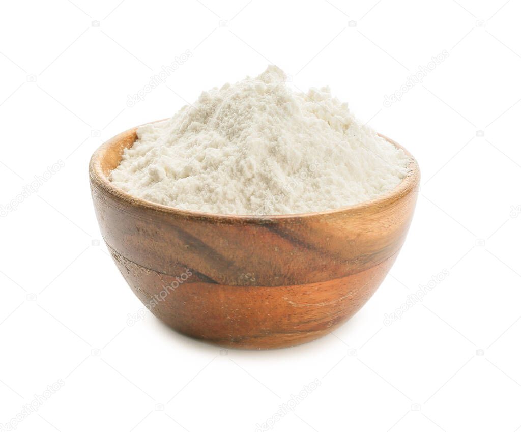 Bowl with rice flour on white background