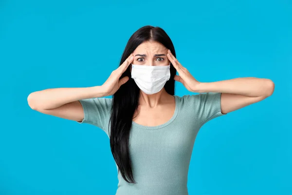 Stressed Young Woman Medical Mask Color Background — Stock Photo, Image