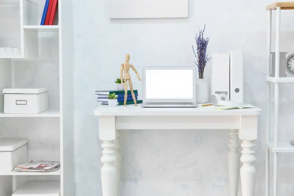 Modern Workplace Laptop Wooden Mannequin Office — Stock Photo, Image