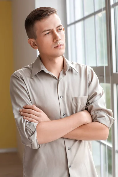 Handsome Young Man Window Home — Stock Photo, Image