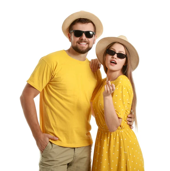 Young Couple Stylish Sunglasses White Background — Stock Photo, Image