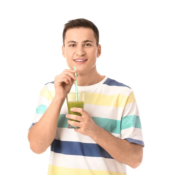 Hombre Joven Con Jugo Hierba Trigo Sobre Fondo Blanco —  Fotos de Stock