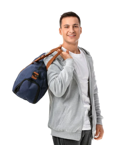 Sportlicher Junger Mann Mit Tasche Auf Weißem Hintergrund — Stockfoto