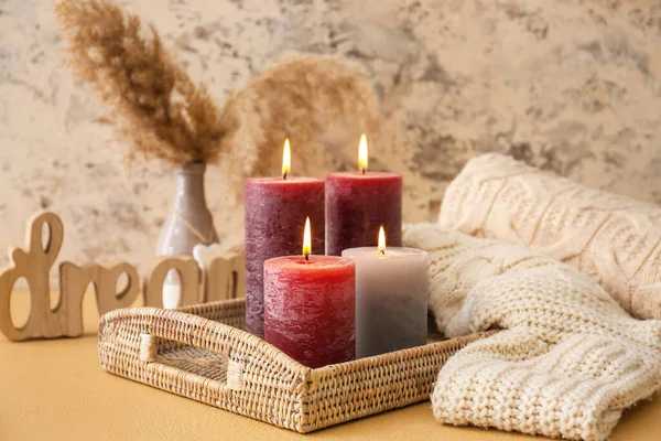 Tray Beautiful Aroma Candles Table — Stock Photo, Image