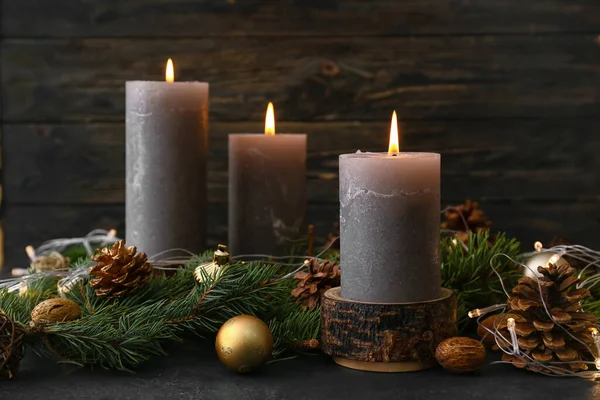 Christmas Composition Aroma Candles Dark Background — Stock Photo, Image