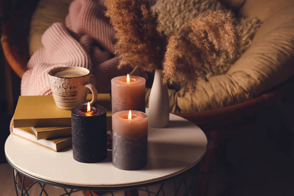 Beautiful Aroma Candles Table Dark Room — Stock Photo, Image