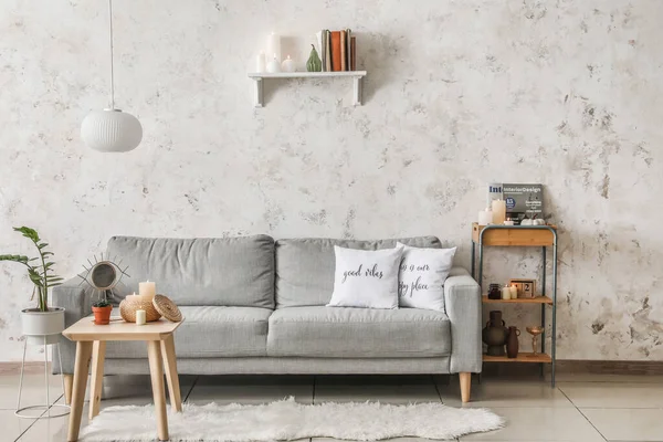 Stylish Interior Living Room Grey Sofa Burning Candles — Stock Photo, Image