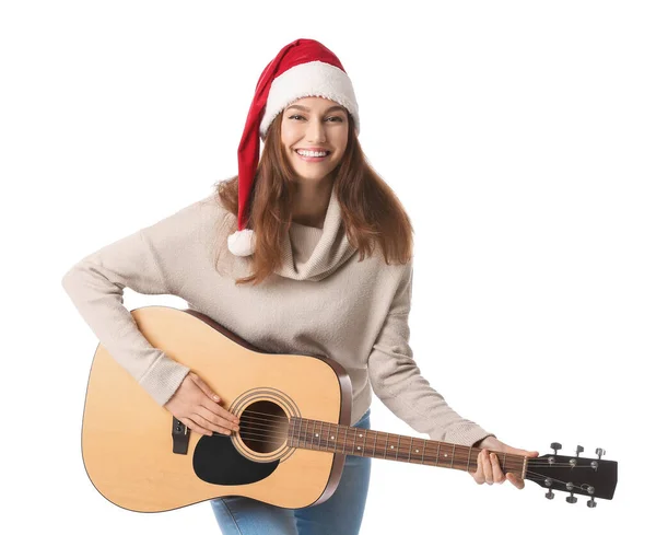 Mulher Bonita Chapéu Santa Com Guitarra Sobre Fundo Branco — Fotografia de Stock