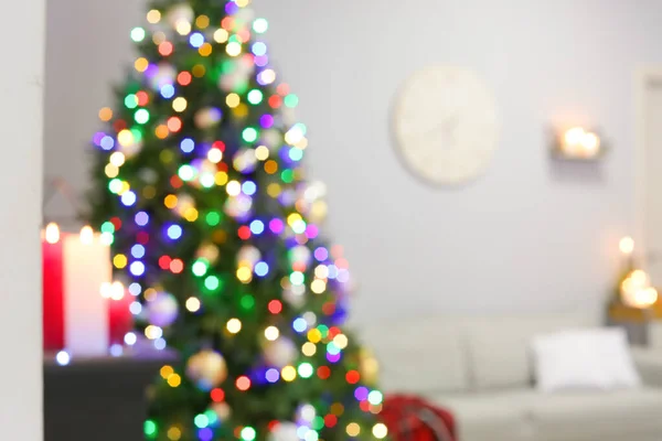 Interior Sala Estar Decorada Para Navidad Vista Borrosa —  Fotos de Stock