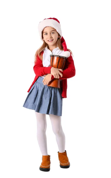 Cute Little Girl Santa Hat Drum White Background — Stock Photo, Image