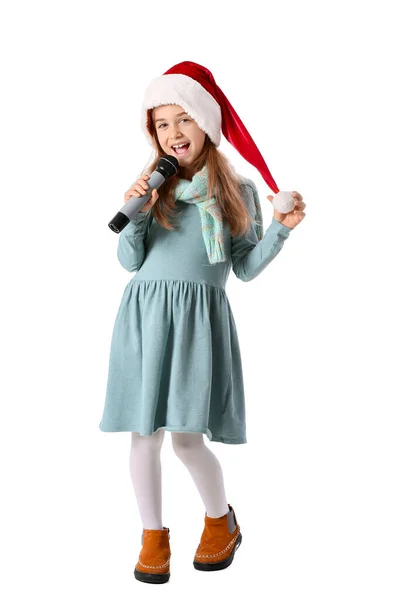 Χαριτωμένο Κοριτσάκι Στο Καπέλο Σάντα Τραγουδώντας Χριστουγεννιάτικο Τραγούδι Λευκό Φόντο — Φωτογραφία Αρχείου