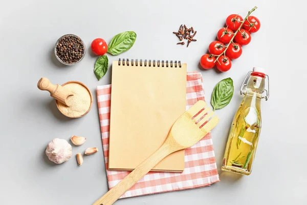 Cook Book Ingredients Various Spices Light Background — Stock Photo, Image