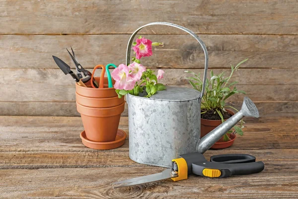 Set Gardening Tools Wooden Background — Stock Photo, Image