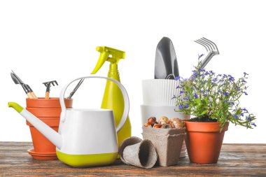 Gardening tools and pot flower on white background clipart