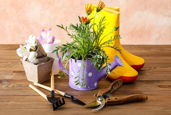 Herramientas Jardinería Mesa Contra Fondo Color — Foto de Stock