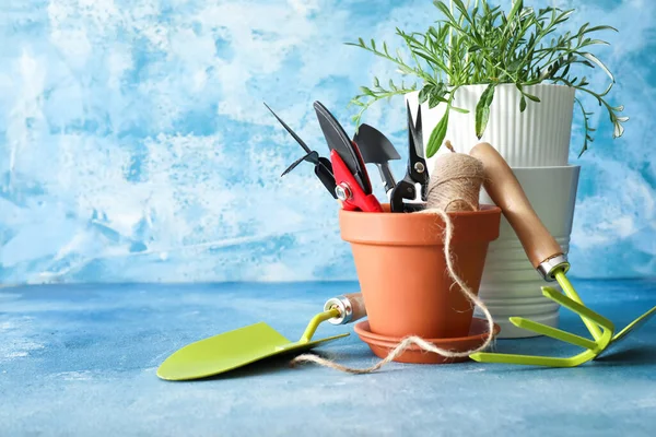 Gardening Tools Pot Flower Color Background — Stock Photo, Image