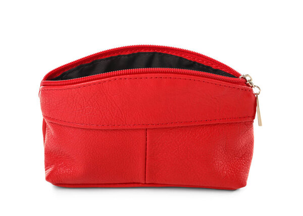 Red cosmetic bag on white background
