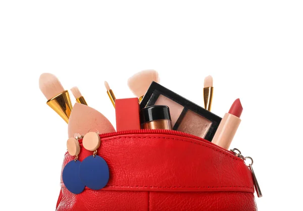 Bag Makeup Cosmetics Brushes White Background — Stock Photo, Image