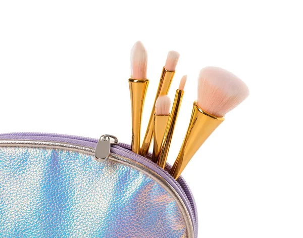 Set Make Pinsel Kosmetiktasche Auf Weißem Hintergrund — Stockfoto