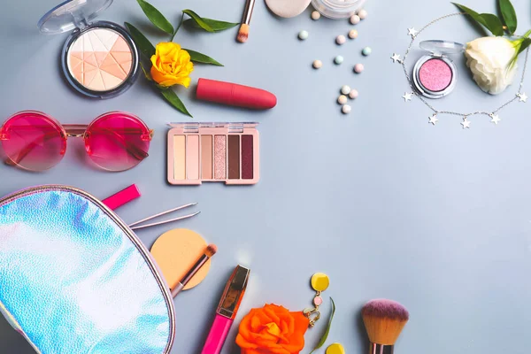Set Decorative Cosmetics Accessories Color Background — Stock Photo, Image