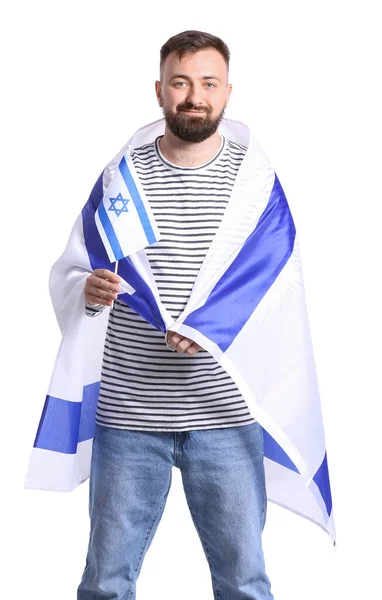 Mann Mit Der Flagge Israels Auf Weißem Hintergrund — Stockfoto