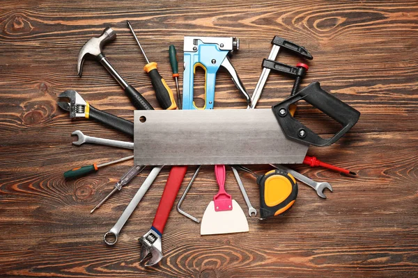 Set Construction Tools Wooden Background — Stock Photo, Image