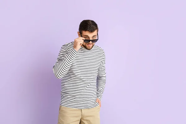 Handsome Man Stylish Sunglasses Color Background — Stock Photo, Image