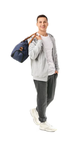 Sportlicher Junger Mann Mit Tasche Auf Weißem Hintergrund — Stockfoto