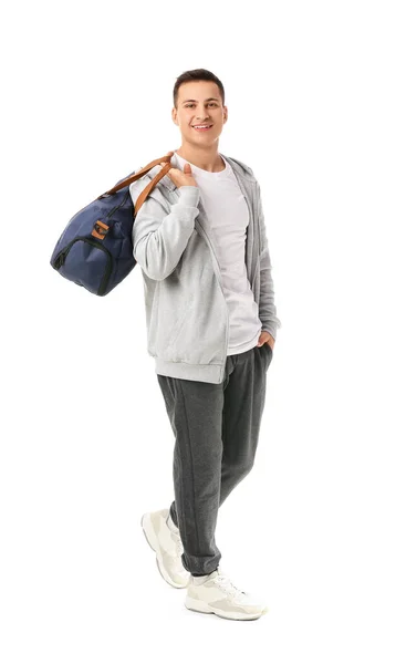 Jeune Homme Sportif Avec Sac Sur Fond Blanc — Photo