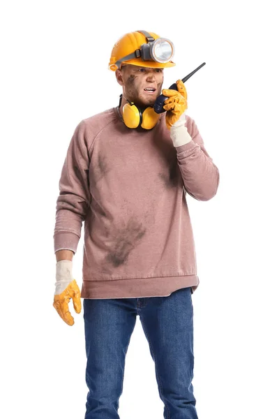 Hombre Minero Con Radio Bidireccional Sobre Fondo Blanco — Foto de Stock