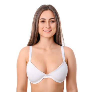 Beyaz arka planda sütyenli genç bir kadın.