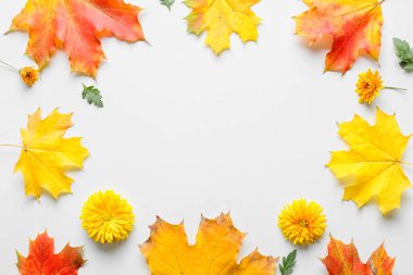 Beyaz arkaplanda sonbahar yapraklarından yapılmış çerçeve