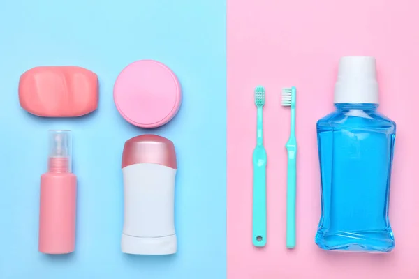Cosmetici Igiene Personale Sfondo Colore — Foto Stock