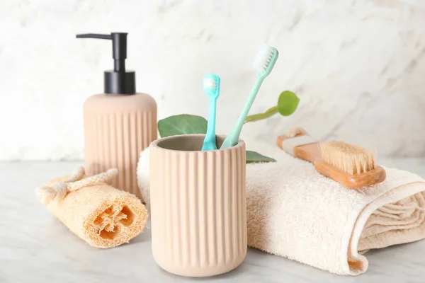 Composition Bath Accessories Cup Toothbrushes Blurred Background — Stock Photo, Image