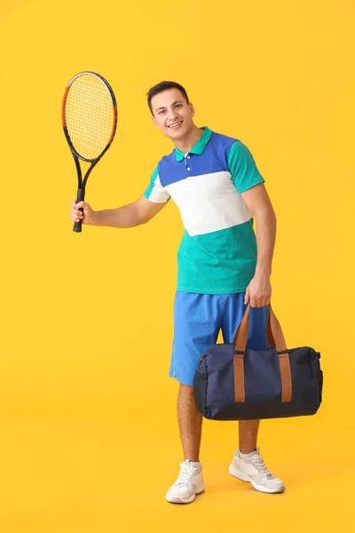 Sporty Young Man Bag Tennis Racket Color Background — Stock Photo, Image