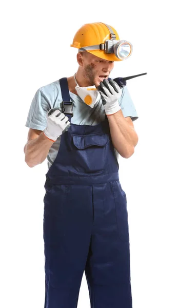 Hombre Minero Con Radio Bidireccional Sobre Fondo Blanco —  Fotos de Stock