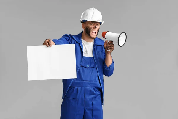 Protesting Miner Man Placard Megaphone Grey Background — Stock Photo, Image