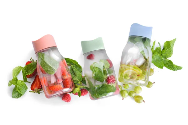 Bottles Mint Infused Water Berries Citrus White Background — Stock Photo, Image