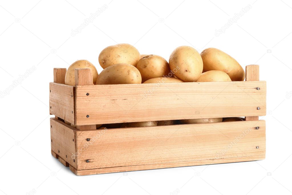 Wooden crate with raw potatoes on white background