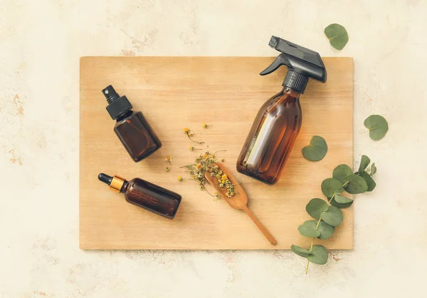 Composition Bottles Natural Cosmetics Wooden Board — Stock Photo, Image