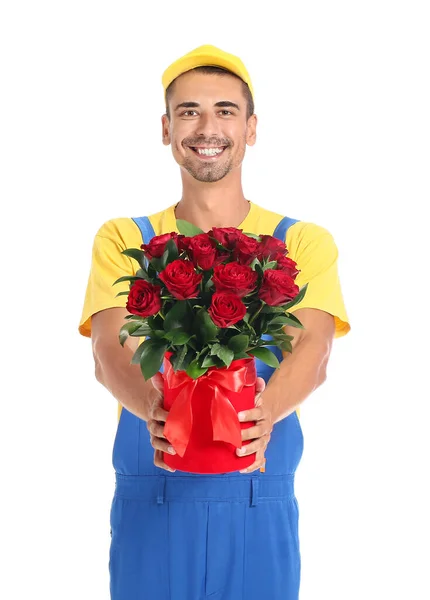 Livraison Homme Avec Bouquet Fleurs Sur Fond Blanc — Photo