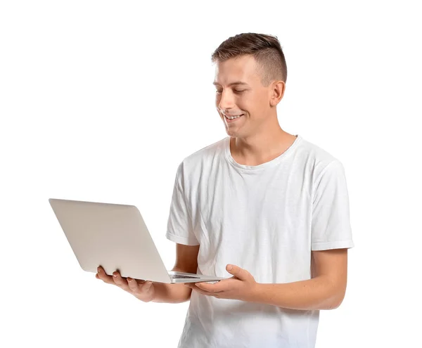Junger Mann Mit Laptop Auf Weißem Hintergrund — Stockfoto